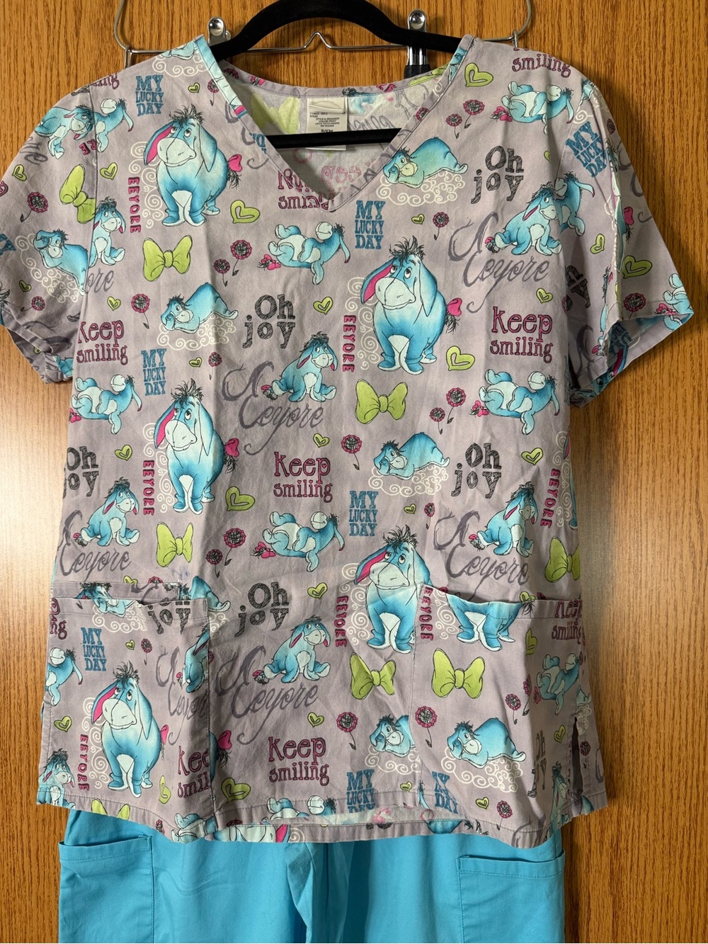 Disney Grey & Turquoise Eeyore Medical Scrub Top